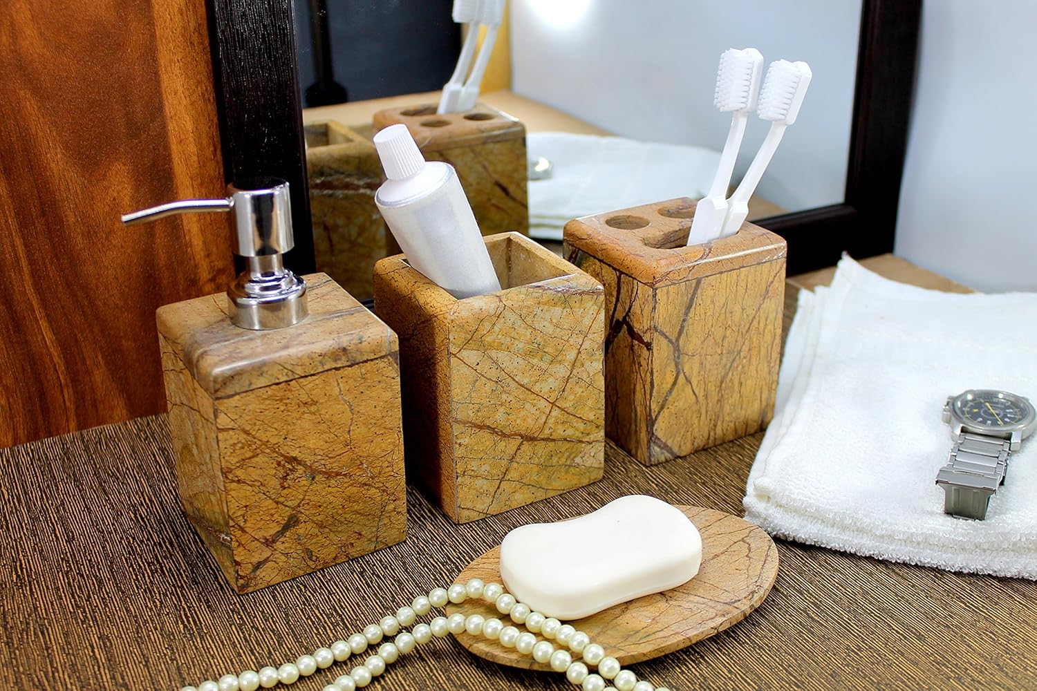 Set of 4 Color Brown Bathroom Accessory Set Made from Natural Stone - Bath Accessories Set of 4 Includes Soap Dispenser, Toothbrush Holder, Tumbler and Soap Dish (Brown)